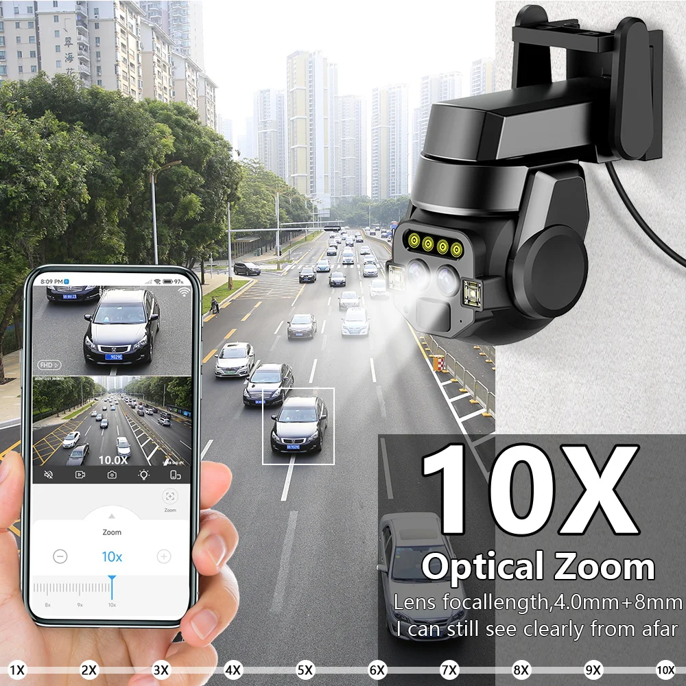 야외 AI 지능형 와이파이 듀얼 렌즈, 고화질 컬러 야간 투시경 모니터링 카메라, IP66 방수, 10x 줌, 6MP