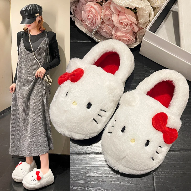 산리오 헬로 키티 플러시 슬리퍼, 만화 애니메이션, 따뜻한 겨울 실내 슬리퍼, 플랫 캐주얼, 미끄럼 방지, 소녀 홈 신발 선물, 2 가지 스타일