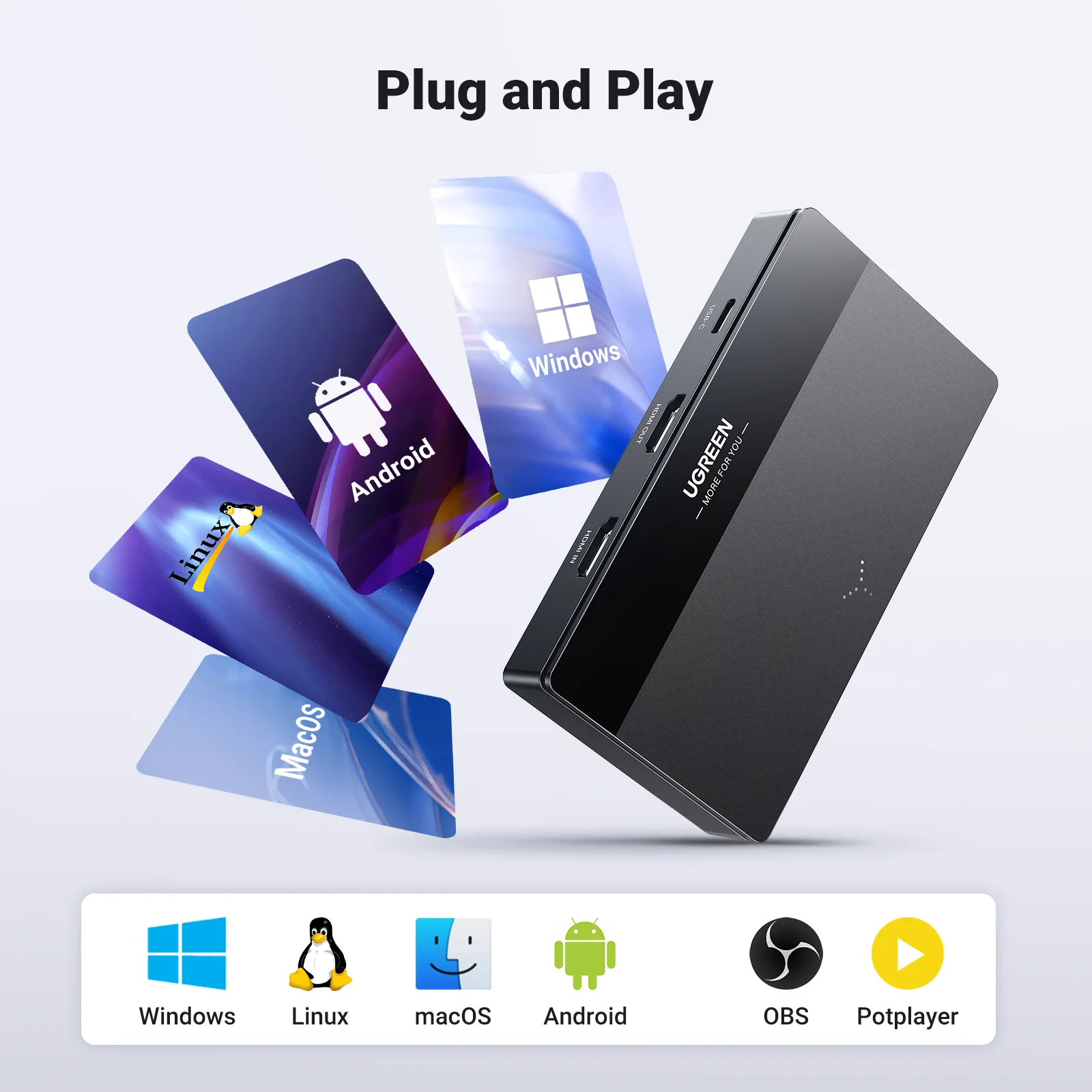 새로운! UGREEN HDMI 비디오 캡처 카드, HDMI to USB/C타입 비디오 그래버 박스, 컴퓨터 카메라 라이브 스트림 레코드 미팅용, 4K60Hz