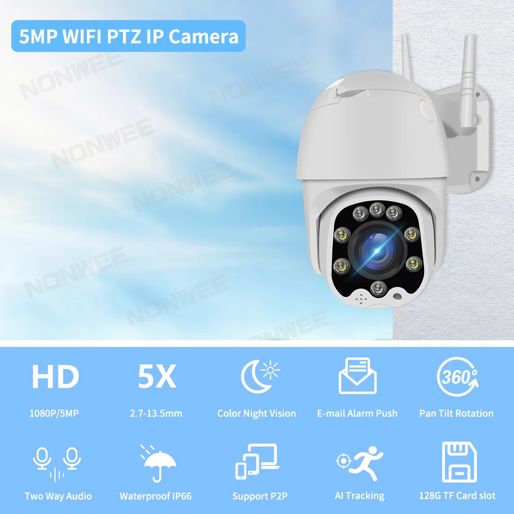 5MP PTZ 무선 감시 카메라 야외 IP 와이파이 보안 보호 CCTV 카메라, 자동 추적 야간 투시경 5x 광학 줌