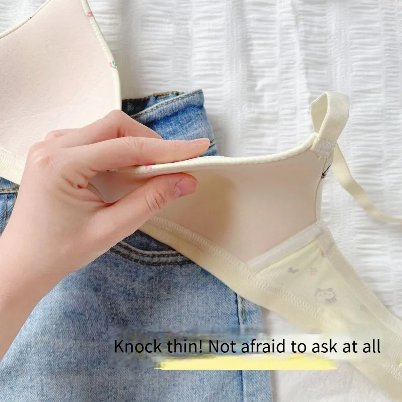 헬로 키티 산리오 여성용 마킹 없는 속옷, 스틸 링 없음, 카와이 소녀 애니메이션 가슴 지지대, 색상 조절 가능, 얇은 브래지어 세트
