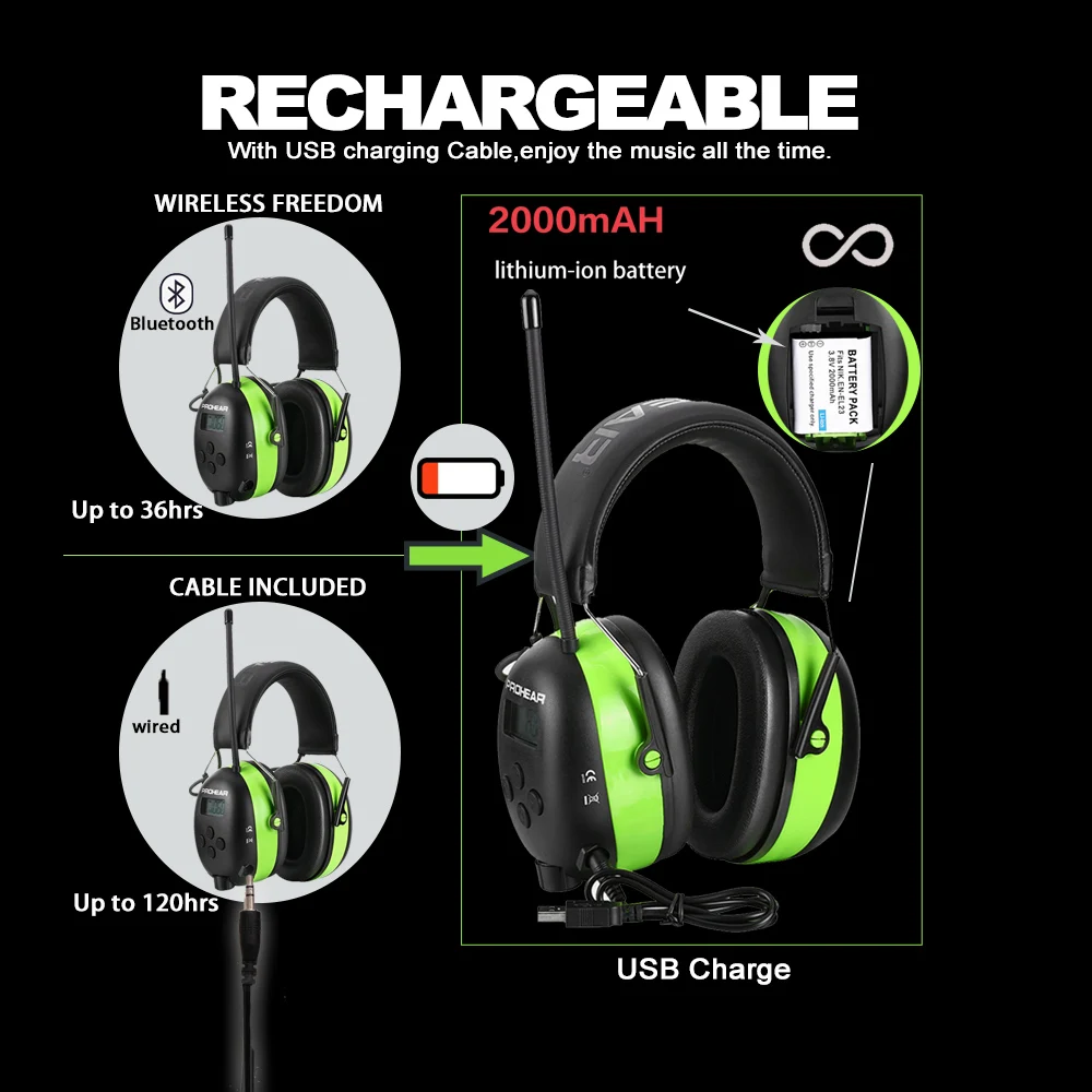 청력 보호 블루투스 헤드폰 전자 귀마개, AM/FM 라디오 5.0, 깎기 안전 귀마개, 2000mAh 리튬 배터리