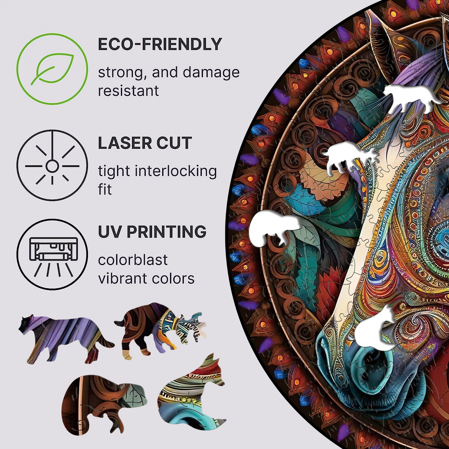 나무 퍼즐 만다라 말 3D 나무 직소 퍼즐 레트로 장난감, 나무 동물 퍼즐 보드 게임, 나무 선물 상자