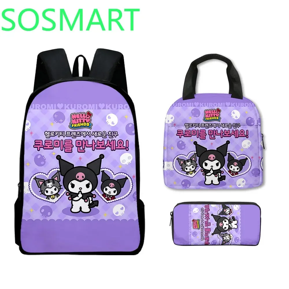 산리오 쿠로미 3D 프린팅 백팩, 초등학생 가방, 어린이 점심 가방, 연필 케이스, 대용량 스포츠 백팩, 3PCs