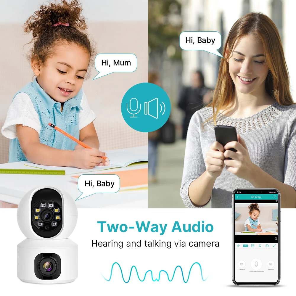 듀얼 렌즈 PTZ 스마트 와이파이 감시 카메라, 야간 투시경 AI 자동 추적 베이비 모니터, 무선 감시 IP 카메라, 2K, 4MP