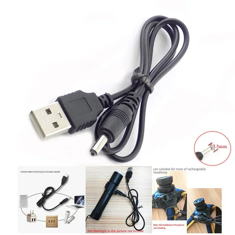 3.5mm 마이크로 USB 충전 케이블 DC 전원 공급 장치 어댑터 충전기 손전등 헤드 램프 토치 라이트 충전식 배터리, 마이크로 USB 충전식