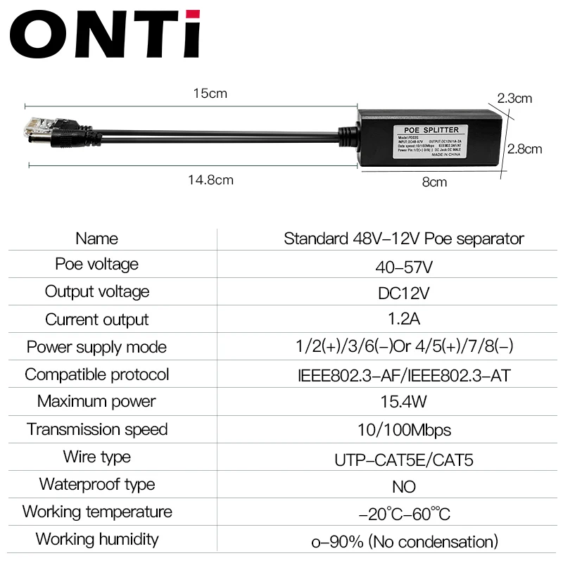 ONTi IP 카메라 라우터 무선 AP용 표준 POE 분배기, 마이크로 USB 타입 C, 100M, 1000M, 48V-5V, 12V, 1.2A, 2.2A