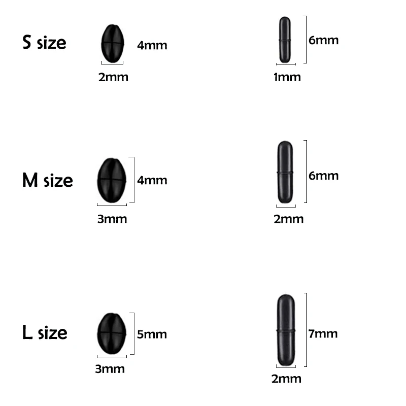 S M L 블랙 고무 스페이스 빈 타원형 마개, 낚시 바버 플로트, 메기 플로트, 낚싯줄 스톱, 60 개, 10 세트
