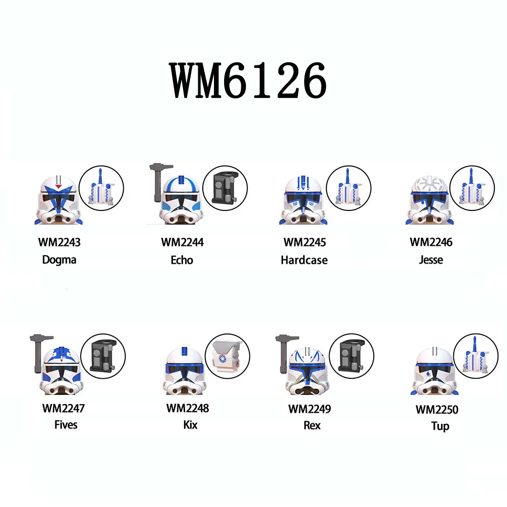 WM6126 빌딩 블록, 하드 케이스 WM2243 브릭 피규어, WM2245 WM2246Fives Kix Rex Tup Dogma Echo Jesse 미니 조립 완구, 세트당 8 개 title=WM6126 빌딩 블록, 하드 케이스 WM2243 브릭 피규어, WM2245 WM2246Fives Kix Rex Tup Dogma Echo Jesse 미니 조립 완구, 세트당 8 개 