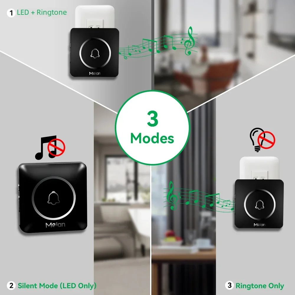 Meian-야외 무선 초인종, 스마트 홈 웰컴 초인종, IP65 방수 문짝 벨, 차임 키트, 60 벨소리, LED 플래시 알람
