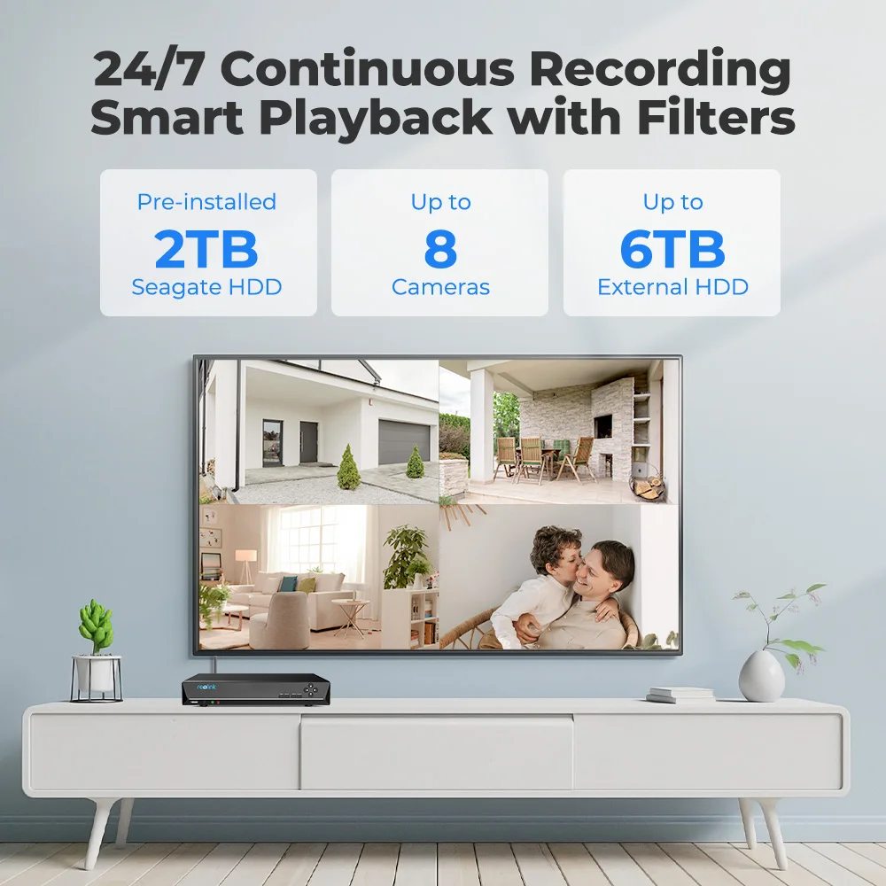 Reolink 사람 및 자동차 감지 NVR, 4MP/5MP IP 보안 카메라용, 24/7 H.265 비디오 녹음기, 12MP 감시 키트 NVR 세트, 4K 8CH RLN8-410