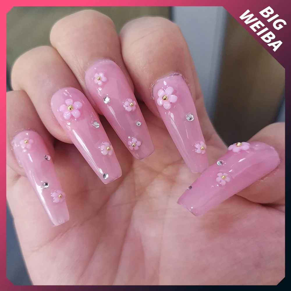 헬로 키티 롱 네일 다이아몬드 롱 코핀 스틸레토 풀 커버 분리형 네일, 유럽 미국 발레리나 패션 수공 네일