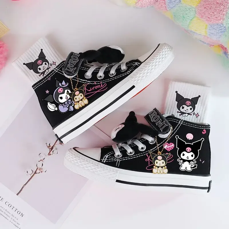 카와이 산리오 쿠로미 캔버스 신발, 어린이 만화 벨크로 스니커즈, 애니메이션 하이탑 캐주얼 플랫 슈즈, 무료 양말 인형 버클, 신상