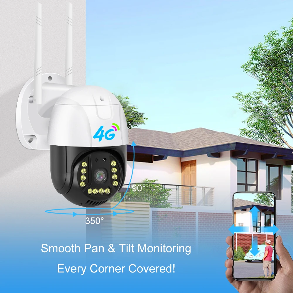 야외 감시 카메라, 4G, Gsm, Sim V380 Pro, 1080p, 클라우드, 4x 줌, Ip66 보안 보호, 무선 Ip Cctv