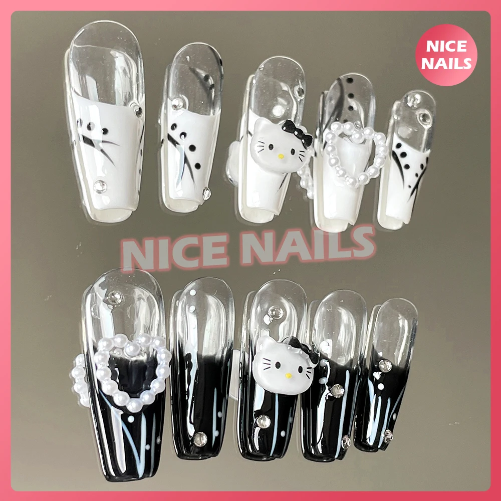 귀여운 만화 헬로 키티 네일, 마이멜로디, 쿠로미, 시나모롤, 귀여운 긴 관 스틸레토, 애니메이션 수제 풀 커버 네일