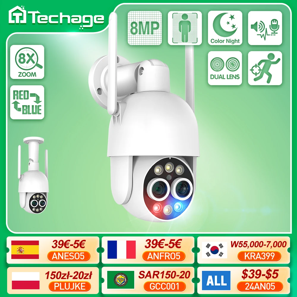 Techage 무선 IP 카메라, 듀얼 렌즈, 인간 감지, 자동 추적, ONVIF WIFI 카메라, 풀 컬러 야간, HD 8MP, 8X 줌, PTZ, 2.8mm, 12mm title=Techage 무선 IP 카메라, 듀얼 렌즈, 인간 감지, 자동 추적, ONVIF WIFI 카메라, 풀 컬러 야간, HD 8MP, 8X 줌, PTZ, 2.8mm, 12mm 