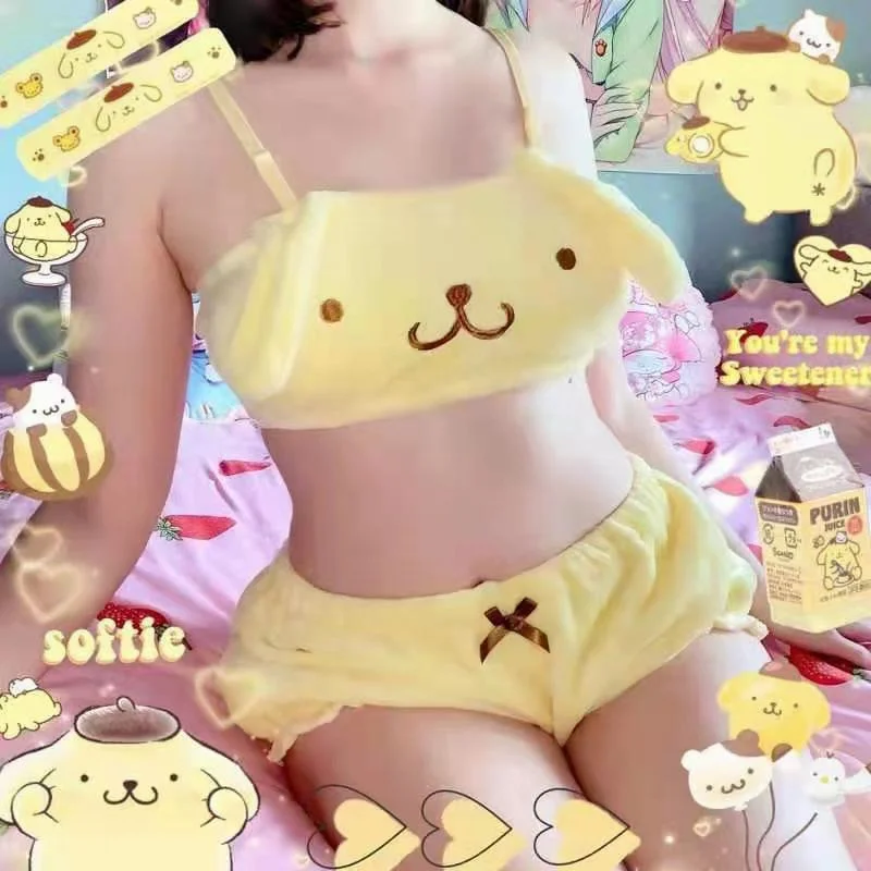 산리오 쿠로미 멜로디 카와이 속옷, 일본 부드러운 봉제 시나모롤 폼폼 푸린 튜브 탑 브라 세트, 귀여운 소녀 휴가 선물