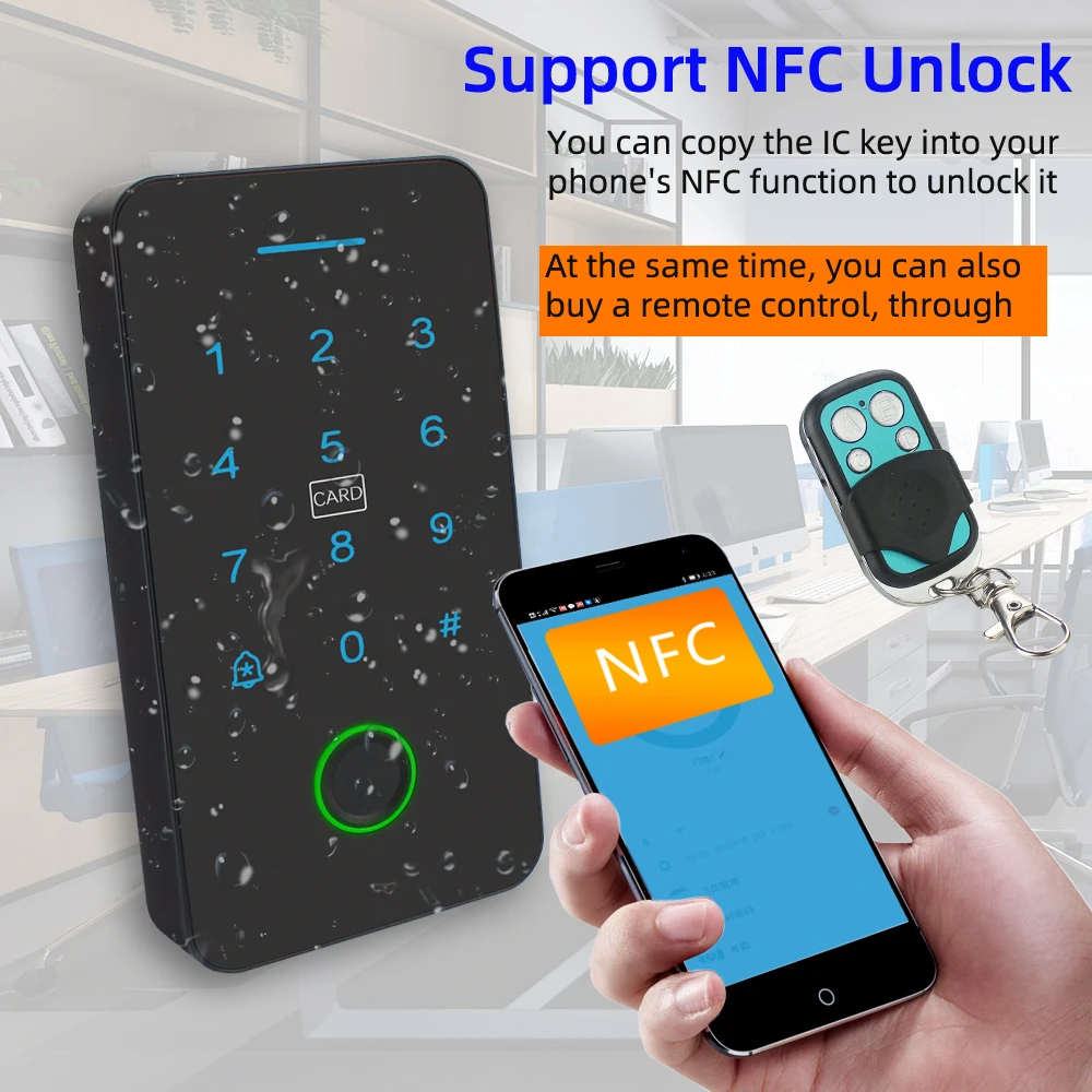 Tuya 스마트 앱 액세스 제어 기계, 휴대폰 원격 잠금 해제, NFC 지문 비밀번호 RFID 카드 도어락 컨트롤러, IP67