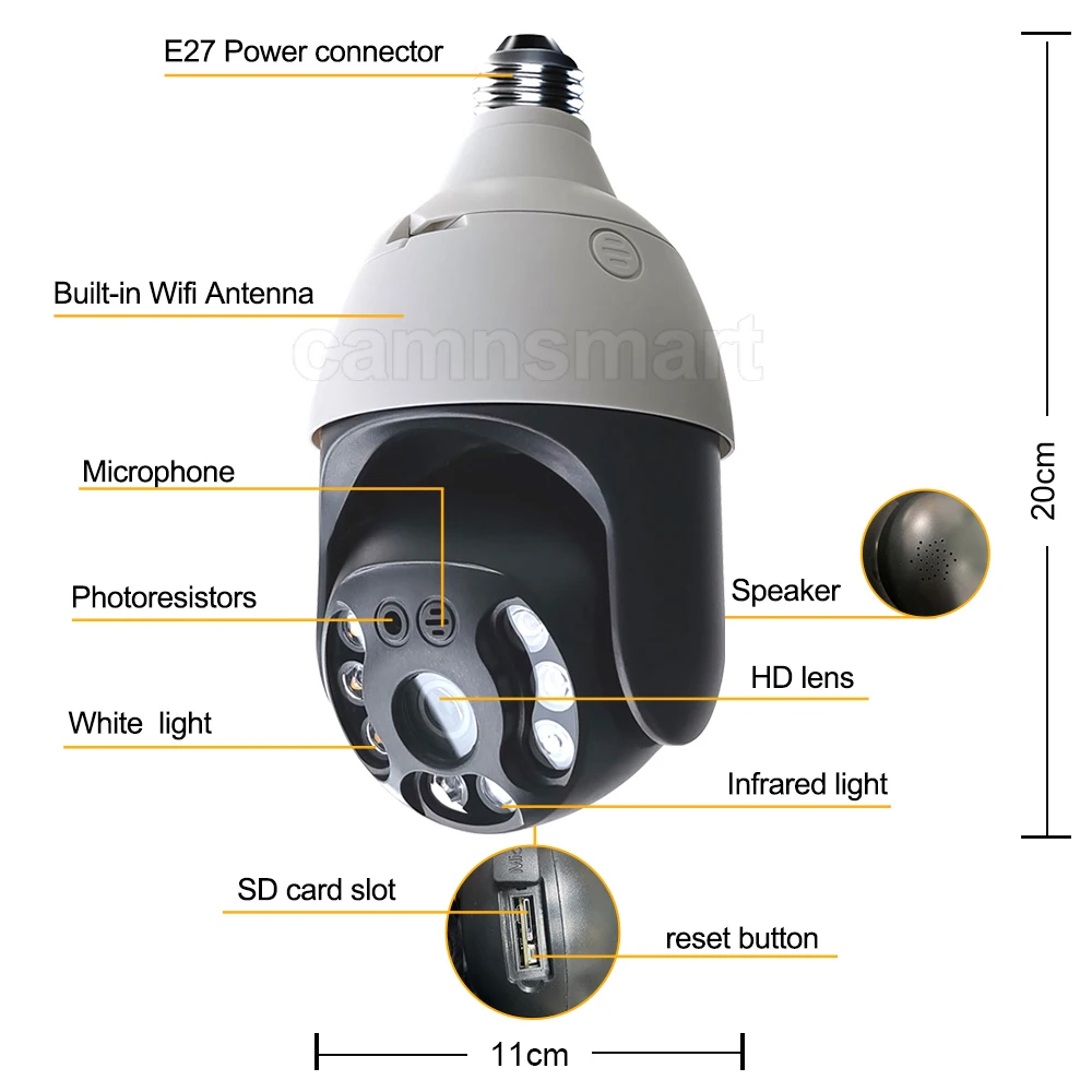 Camnsmart 투야 알렉사 와이파이 전구 카메라, E27 구글 홈 무선 CCTV, 야외 비디오 감시 보안 지원, Onvif NVR, 5MP