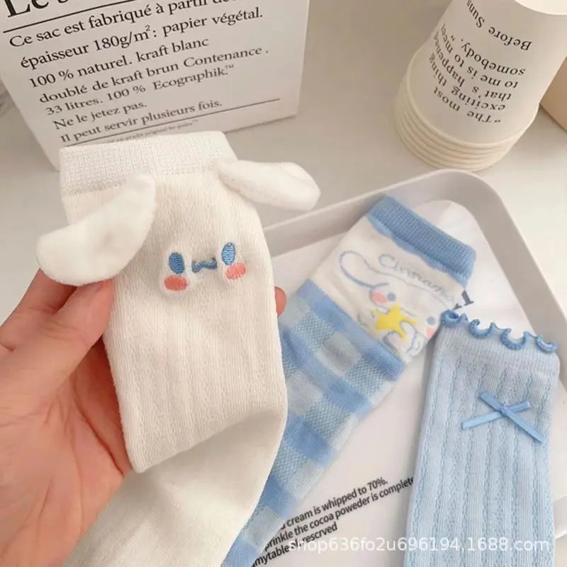 귀여운 애니메이션 산리오 미드 튜브 양말, 시나모롤, 귀여운 학생 가을, 사계절, 편안한 땀 흡수 양말, 소녀 장난감, 3 개