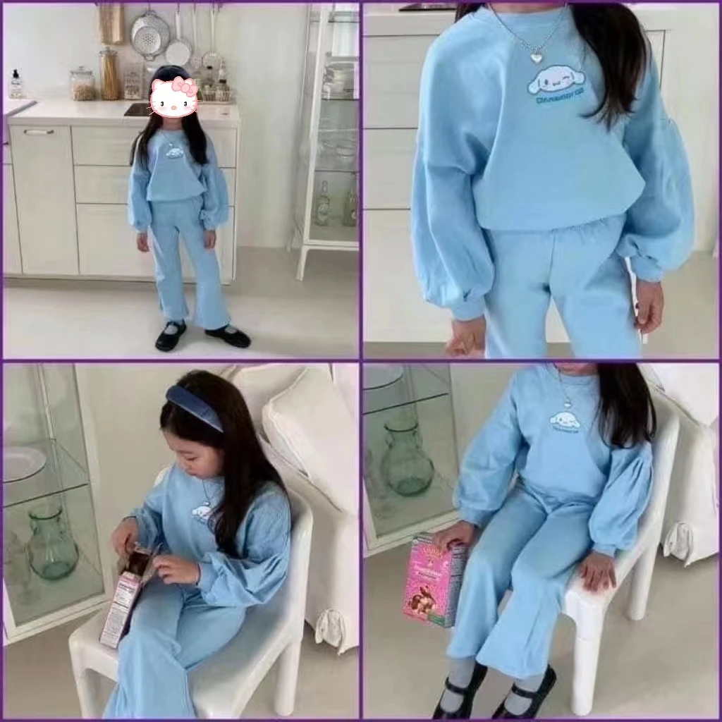 시나모롤 어린이 운동복, 귀여운 애니메이션 산리오 헬로 키티 캐주얼 맨투맨 바지, 귀여운 소녀 만화 의류, 2 개 세트