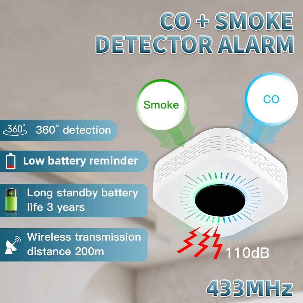 고감도 CO 및 연기 화재 경보, 일산화탄소 감지기, 2in 1 복합 연기 경보, 가정 상점 보안용, 433Mhz