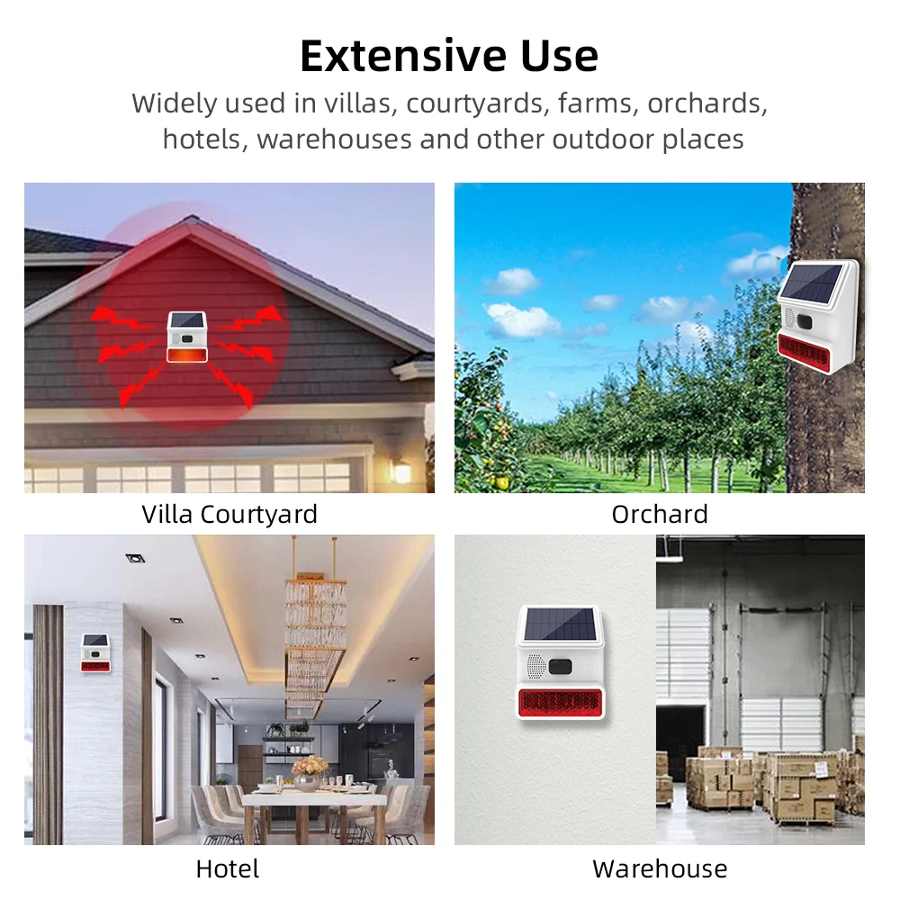 무선 태양광 알람 사이렌 야외 사운드 라이트 플래시 알람 경적 작동, 433MHZ 리모컨 문짝 센서 적외선 감지기