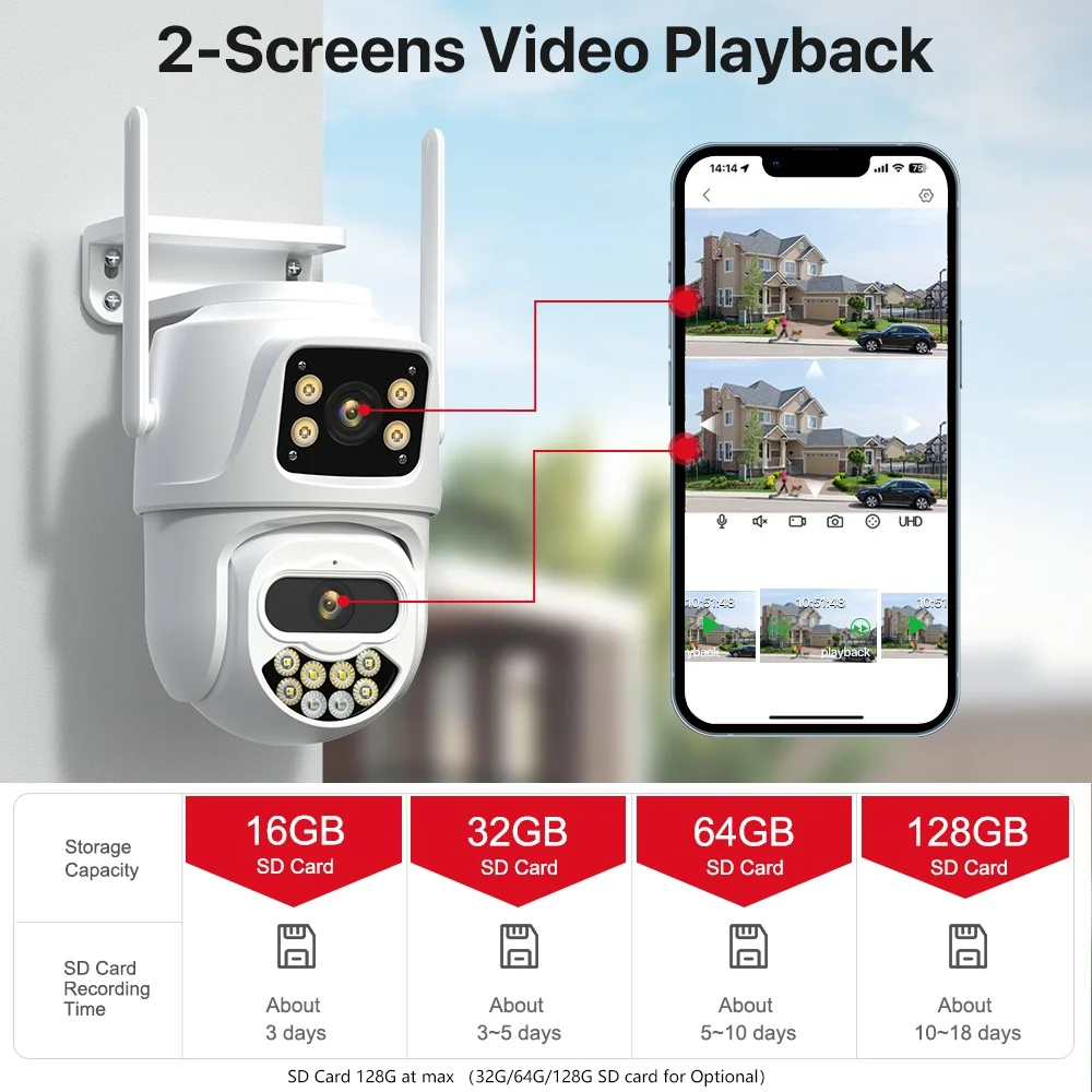 듀얼 스크린 무선 야외 감시 카메라, 8MP 4K PTZ 와이파이 카메라, Ai 인간 감지, 자동 추적, iCSee 앱
