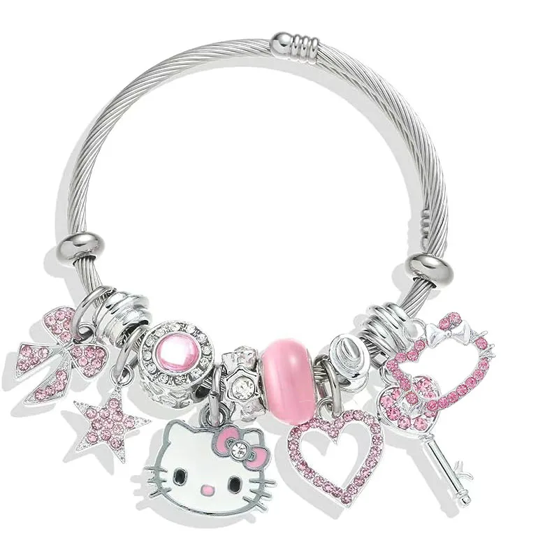 San-rio 모조 다이아몬드 팔찌, 조정 가능한 스테인레스 스틸 커프 팔찌, 중공 합금 키티