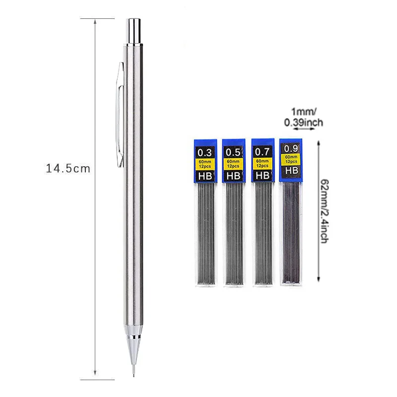 Haile-0.3 0.5 0.7 0.9mm HB 기계식 연필 세트, 풀 메탈 아트 드로잉 스케치, 검정색 리드 리필로 자동 연필 쓰기