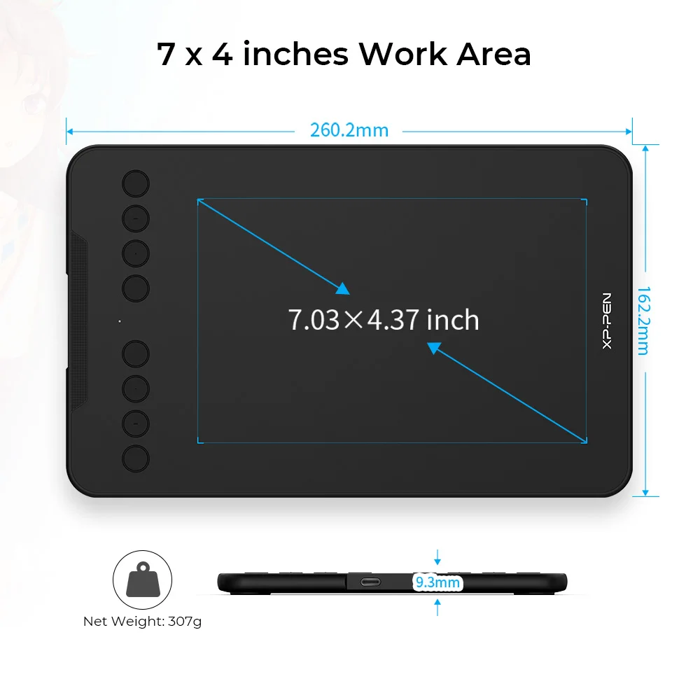 XPPen 디지털 드로잉 그래픽 태블릿, 7x4.3 인치, Deco Mini7, 8 익스프레스 키 지원, 60 틸트, 안드로이드, 맥, 윈도우, 크롬