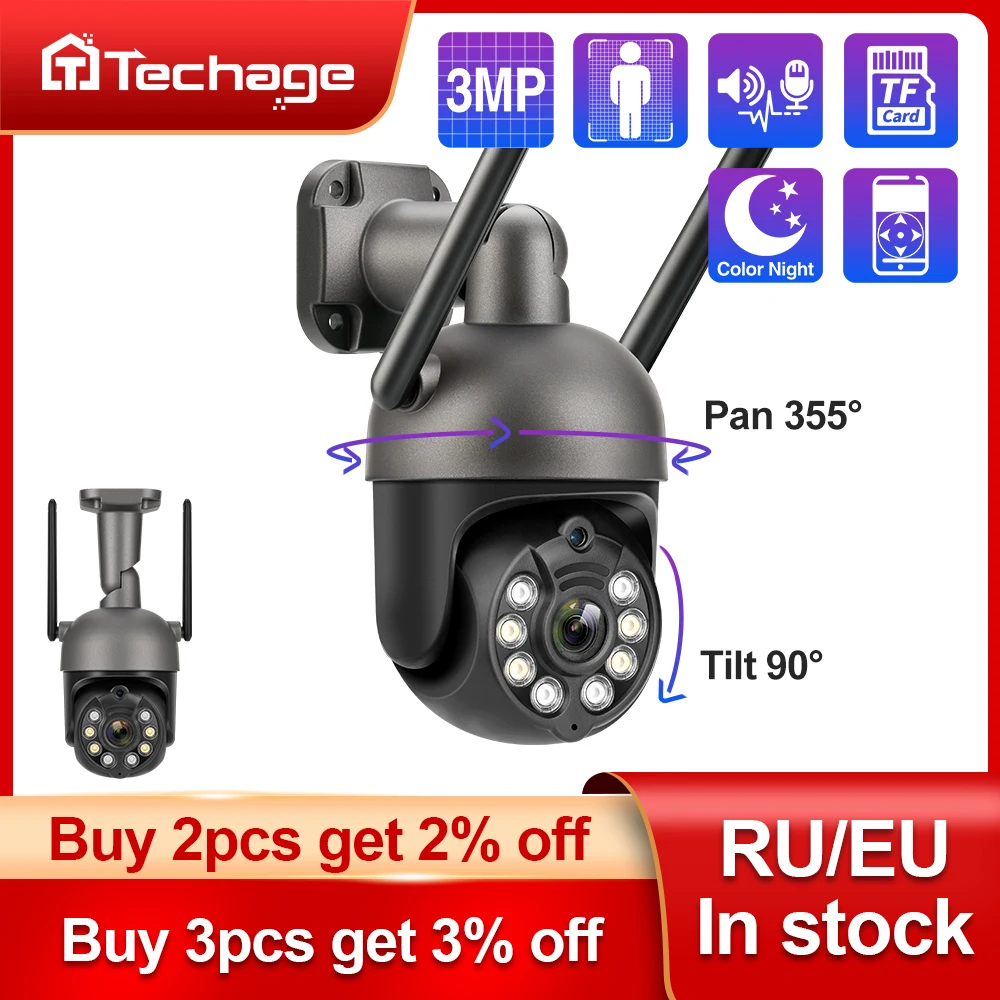 Techage 와이파이 IP 카메라, 양방향 비디오 무선 보안 카메라, 풀 컬러 P2P CCTV, 야외 비디오 감시, HD 1080P, 3MP, 2MP title=Techage 와이파이 IP 카메라, 양방향 비디오 무선 보안 카메라, 풀 컬러 P2P CCTV, 야외 비디오 감시, HD 1080P, 3MP, 2MP 