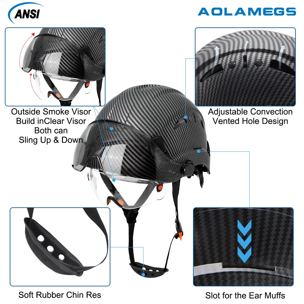 탄소 섬유 패턴 안전 헬멧, 이중 바이저 고글 포함, 엔지니어 하드 햇 CE ANSI ABS 산업용 작업 모자 구조