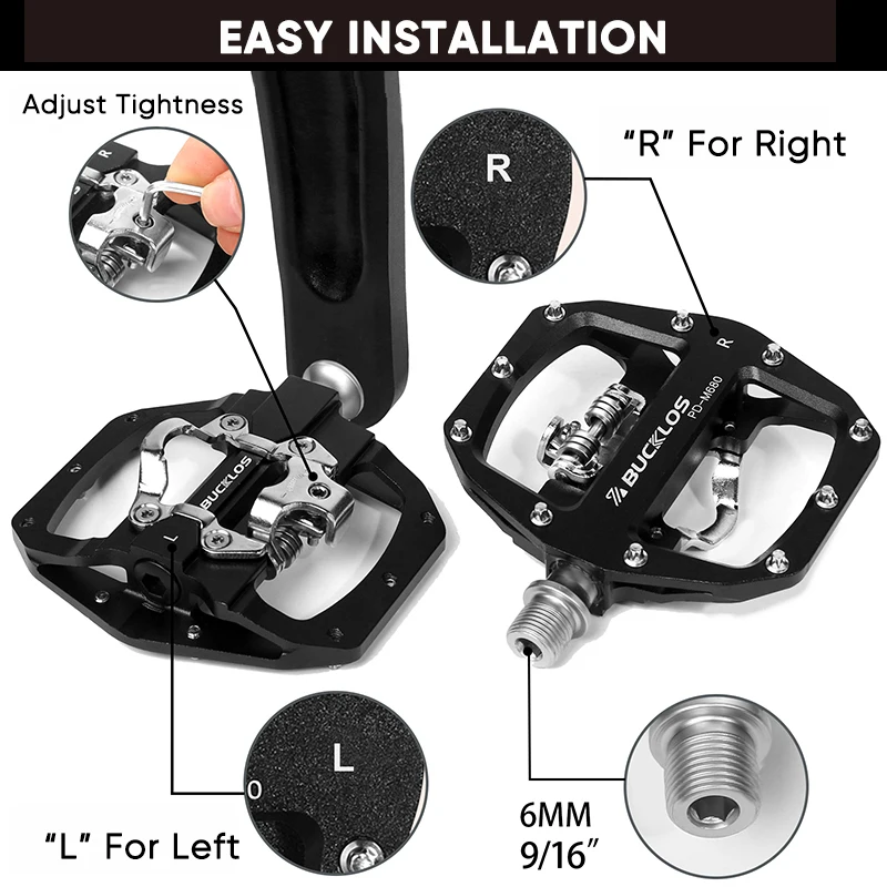 BUCKLOS MTB 자전거 클릿 페달, 플랫 듀얼 기능 페달, 산악 자전거 페달 핏, SPD 시스템 베어링, 자전거 플랫폼 페달