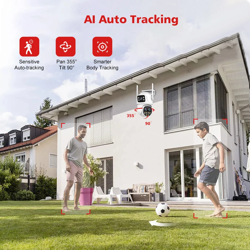 야외 와이파이 감시 카메라, PTZ 9MP, 3 렌즈, 8X 디지털 줌, AI 자동 추적 휴머노이드 감지, 4MP 보안 카메라