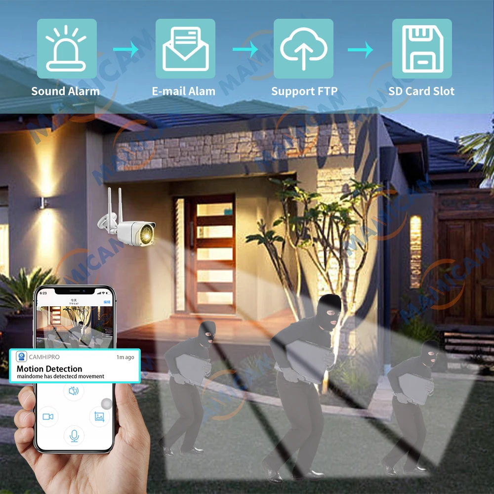 SIM 카드 포함 비디오 감시 카메라, 야외 비디오 캠 CCTV, 야간 투시경, 4G, 3G, 와이파이 보안 보호, IP66 Camhi, 5MP