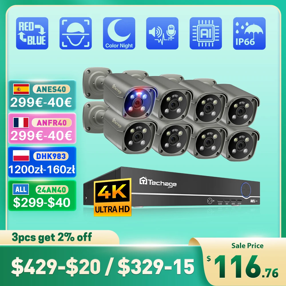 Techage-H.265 8CH 5MP 4K POE 카메라 시스템, 스마트 AI 풀 컬러 야간 투시경 얼굴 감지 CCTV 비디오 보안 감시 키트 title=Techage-H.265 8CH 5MP 4K POE 카메라 시스템, 스마트 AI 풀 컬러 야간 투시경 얼굴 감지 CCTV 비디오 보안 감시 키트 