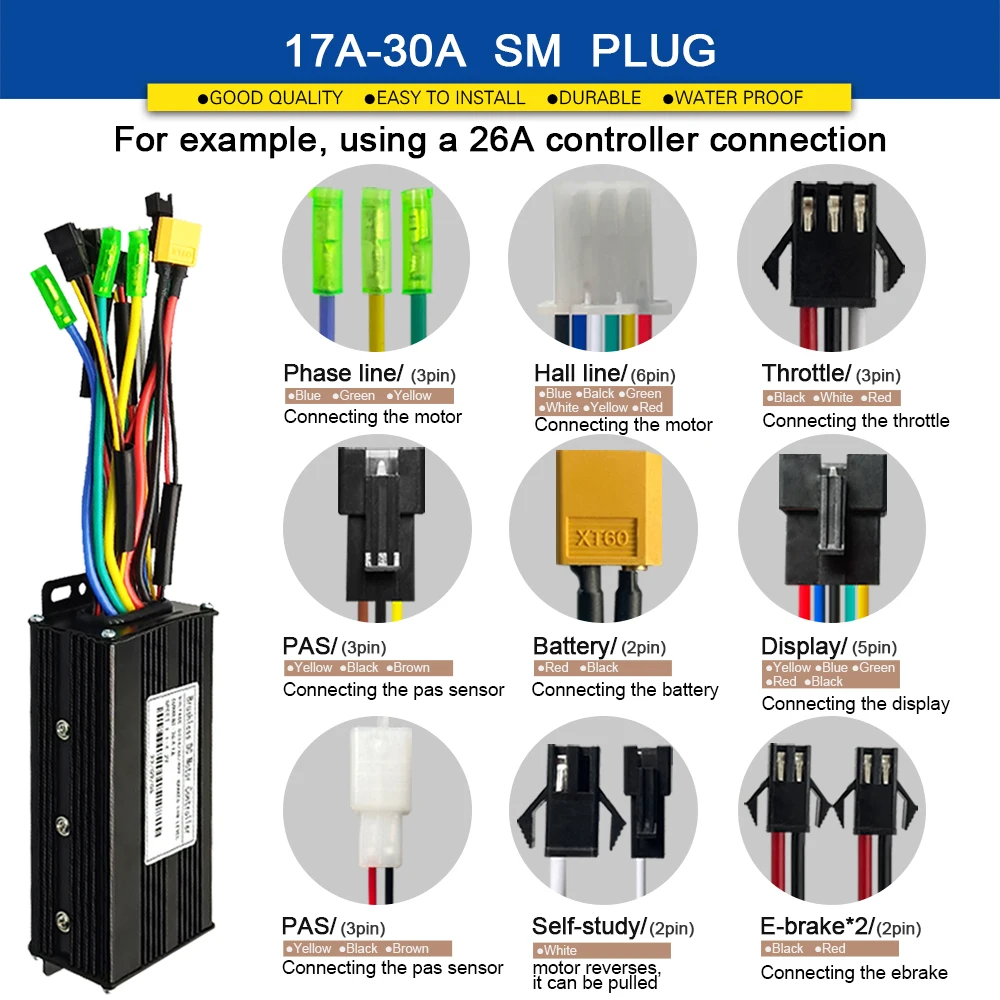 Ebike Sinawave 컨트롤러 36V 48V 17A 26A 30A 36V 48V LCD 디스플레이 S866, 250W-1000W 휠 허브 모터 변환 부품