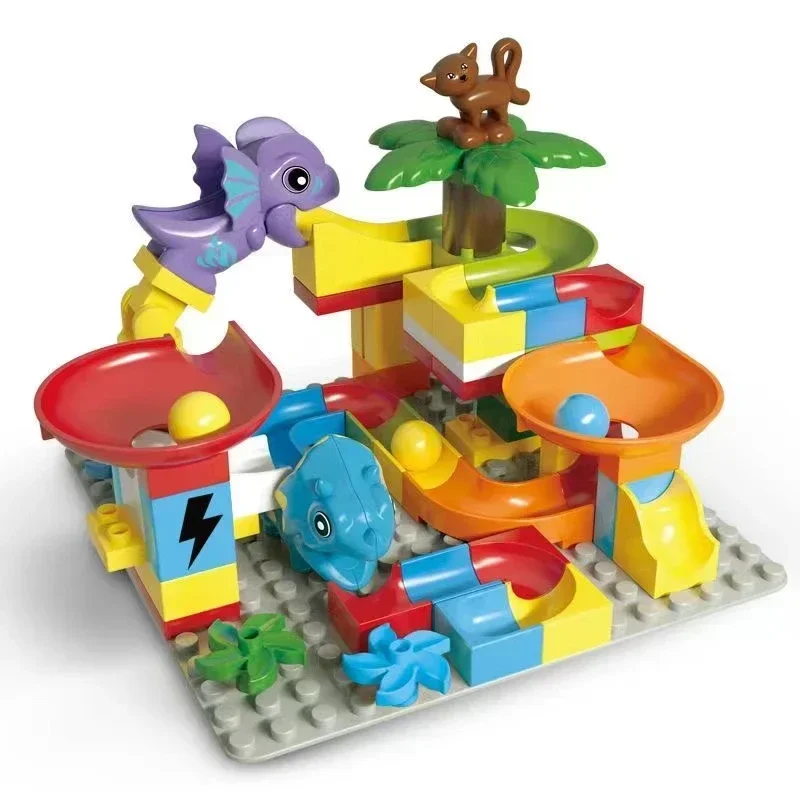 큰 빌딩 블록 대리석 레이스 실행 미로 게임 호환 대형 벽돌 러닝 볼 슈트 트랙 쥬라기 키즈 교육 완구