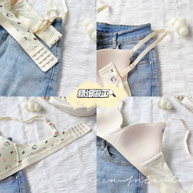 헬로 키티 산리오 여성용 마킹 없는 속옷, 스틸 링 없음, 카와이 소녀 애니메이션 가슴 지지대, 색상 조절 가능, 얇은 브래지어 세트