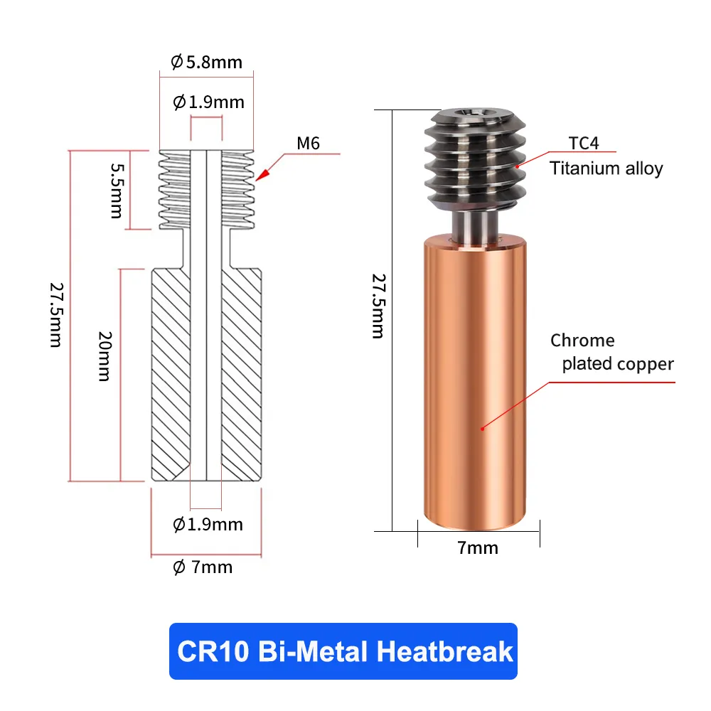 고품질 E3D V6 Throat V5 3D 프린터 부품, CR10 바이메탈 히트 브레이크 구리 도금 MK8 스로트 Ender 3 S1/Pro CR10S CR6 se용