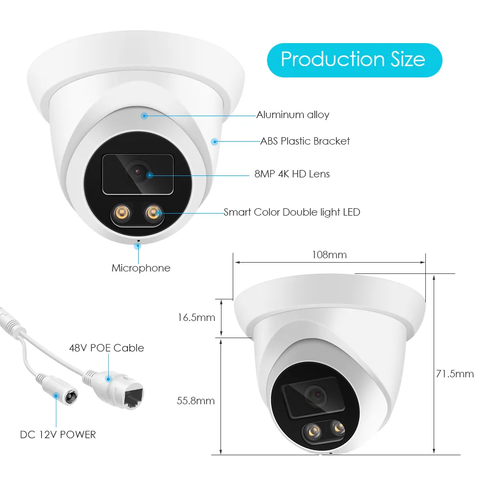 야외 ASECAM 얼굴 감지 오디오 듀얼 라이트, Onvif CCTV, 메탈 돔 비디오 감시 카메라, RTSP, 8MP, 4K IP 카메라, H.265