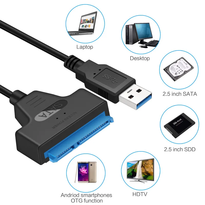 SATA to USB 3.0 2.0 케이블, 최대 6 Gbps, 2.5 인치 외장 HDD SSD 하드 드라이브 SATA 3 22 핀 어댑터, USB 3.0 to Sata III 코드