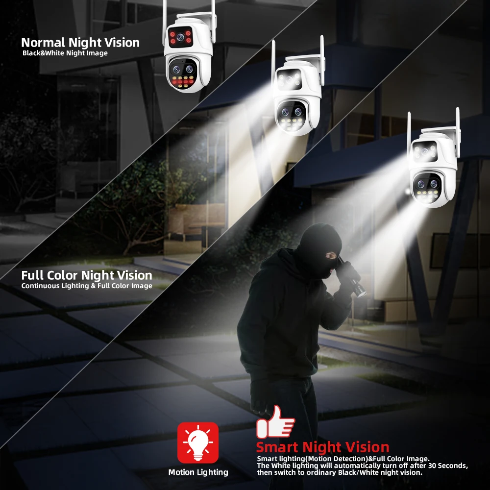 야외 와이파이 감시 카메라, PTZ 9MP, 3 렌즈, 8X 디지털 줌, AI 자동 추적 휴머노이드 감지, 4MP 보안 카메라