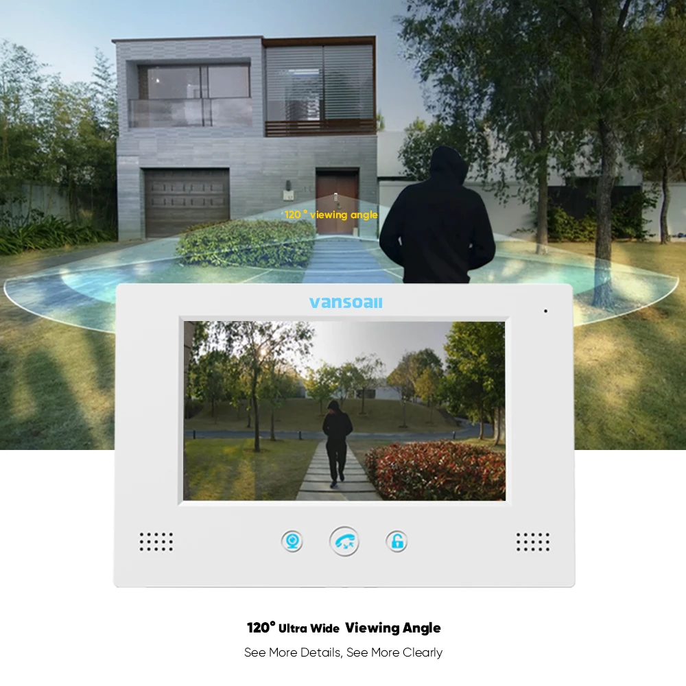 VANSOALL 아파트 홈용 비디오 인터콤, 컬러 모니터 및 IP65 방수 컬러 야간 초인종 지지대 잠금 해제, 4 유선 7 인치