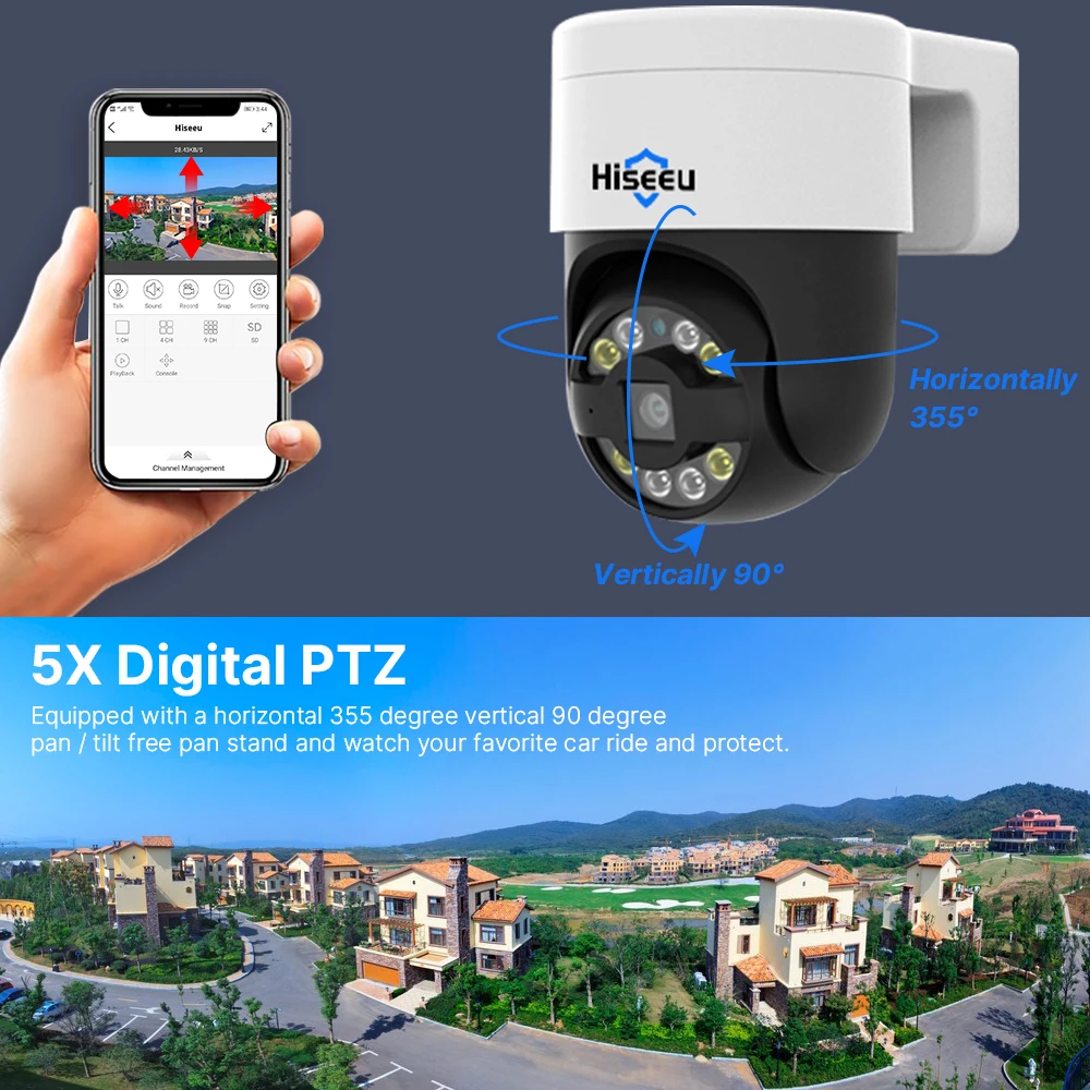 Hiseeu Xmeye NVR ONVIF용 야외 비디오 감시 CCTV 카메라, POE PTZ IP 카메라, 5X 디지털 줌 얼굴 감지, 4K 8MP