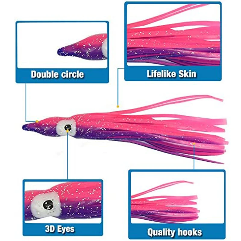 프로 BEROS 부드러운 발광 문어 스커트, 실리콘 참치 트롤링 스커트, 오징어 지깅 바다 낚시 미끼, 3D 글로우 아이 도구, 5 개