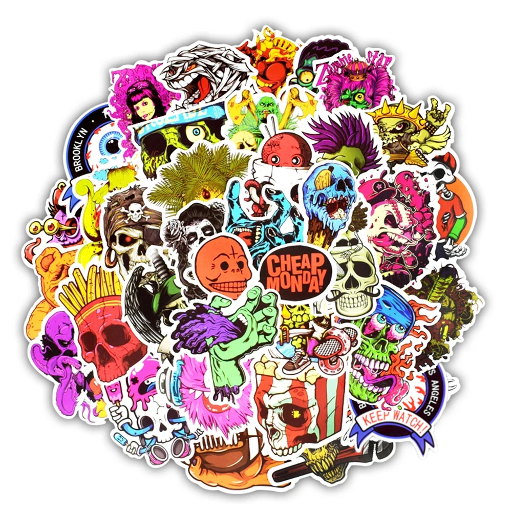 재미 있는 공포 해골 낙서 스티커 10/30/50 개, DIY 방수 전화 노트북 스케이트 보드 수하물 기타 만화 장난감