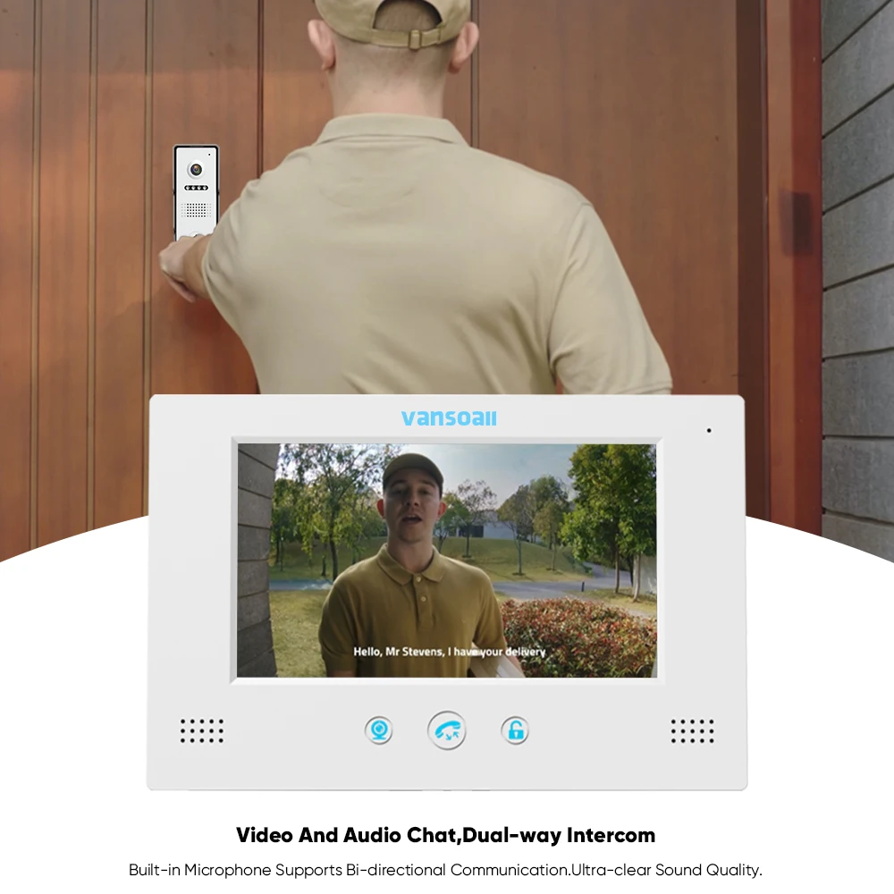 VANSOALL 아파트 홈용 비디오 인터콤, 컬러 모니터 및 IP65 방수 컬러 야간 초인종 지지대 잠금 해제, 4 유선 7 인치