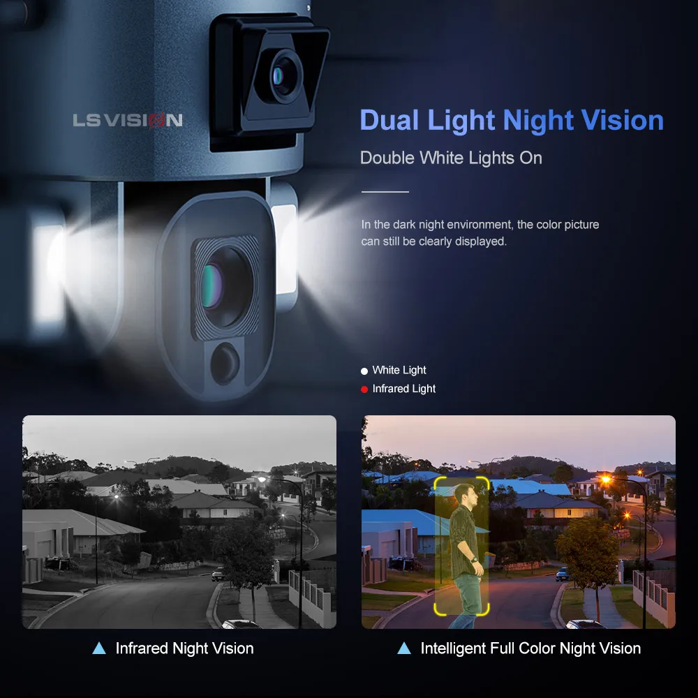 LS VISION 듀얼 렌즈 태양광 카메라, 4K, 8MP, 10X, 4X 줌, 4G SIM, 와이파이 보안 야외 카메라, 휴머노이드 컬러 추적, 야간 투시 캠